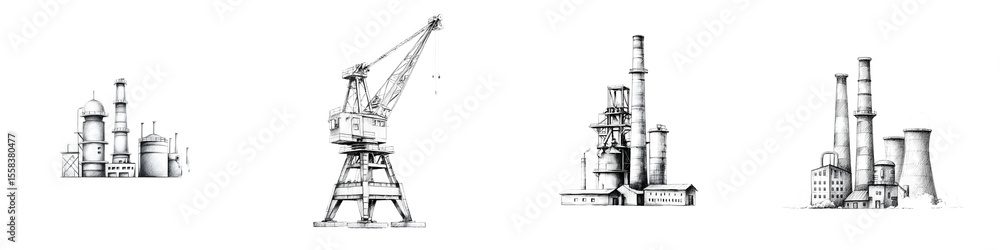 Obraz premium Black and white sketch of industrial buildings: factory, crane, power plant. Hand drawn illustration on a white