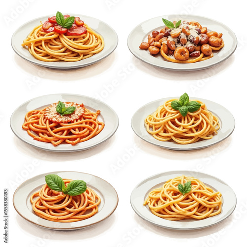 Diverse Italian Pasta Dishes with Sauces and Garnishes.