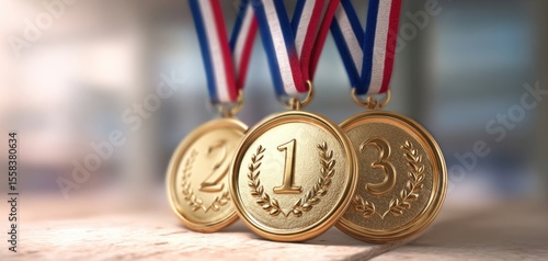 The gold medals celebrating first, second, and third place accomplishments in competition.