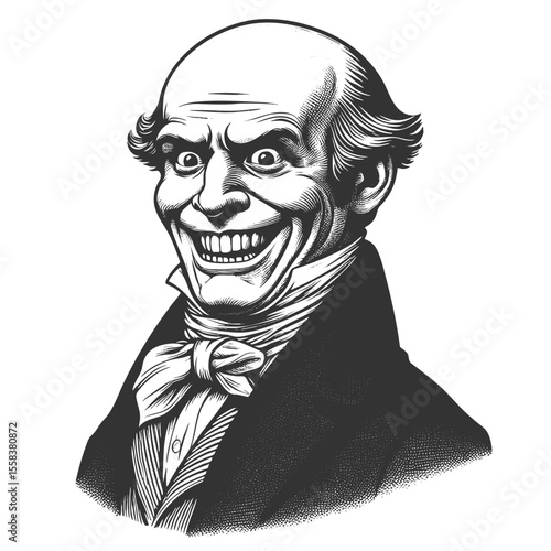 bald man with an exaggerated grin, dressed in a formal vintage-style suit and cravat sketch engraving generative ai fictional character vector illustration. Scratch board imitation. Black and white.
