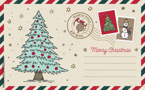 Christmas mail, Postcard with tree, letter, hand drawn illustration.