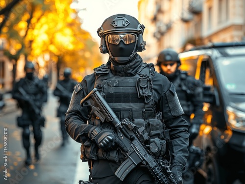 selective focus SWAT team exiting armored van