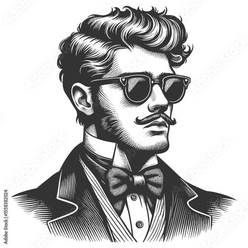 stylish man with slick hair, mustache, sunglasses, and vintage clothing in a confident pose sketch engraving generative ai fictional character vector illustration. Scratch board. Black and white.