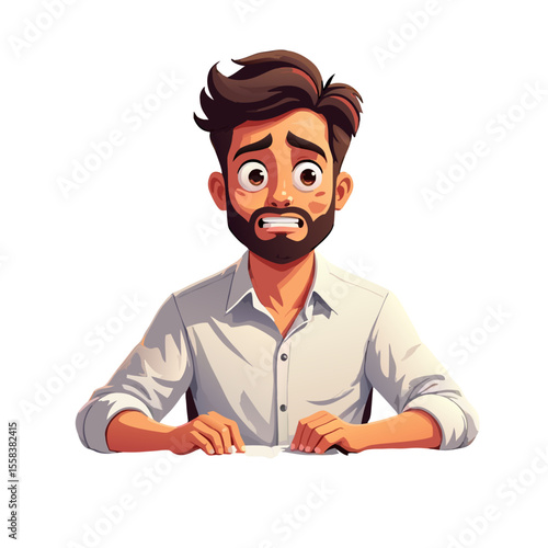 Cartoon man with a worried expression wearing a white shirt and looking anxious.