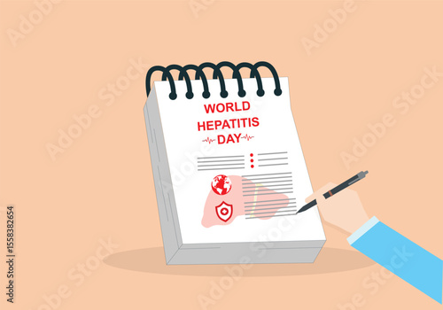 World Hepatitis Day horizontal three dimensional vector illustration poster graphic design. Doctor Writing Prescription with giant information of hepatitis.