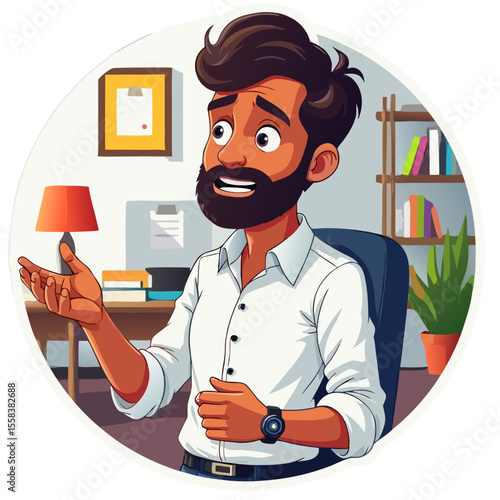 Cartoon man with white beard and hair gesturing in an office setting.