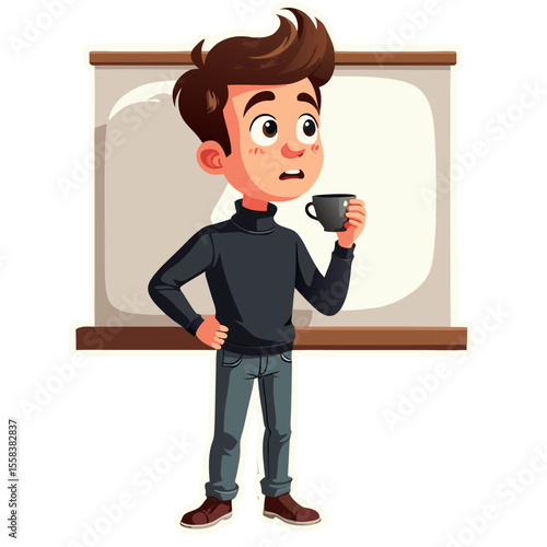 Cartoon man with surprised expression holding a coffee cup near a whiteboard.