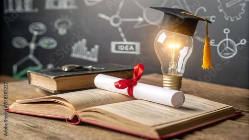 A glowing lightbulb wearing a graduation cap sits on an open book next to a diploma and other books, symbolizing the bright ideas and successful future of education