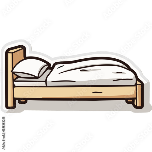 Cartoon Wooden Single Bed with White Bedding and Pillow.