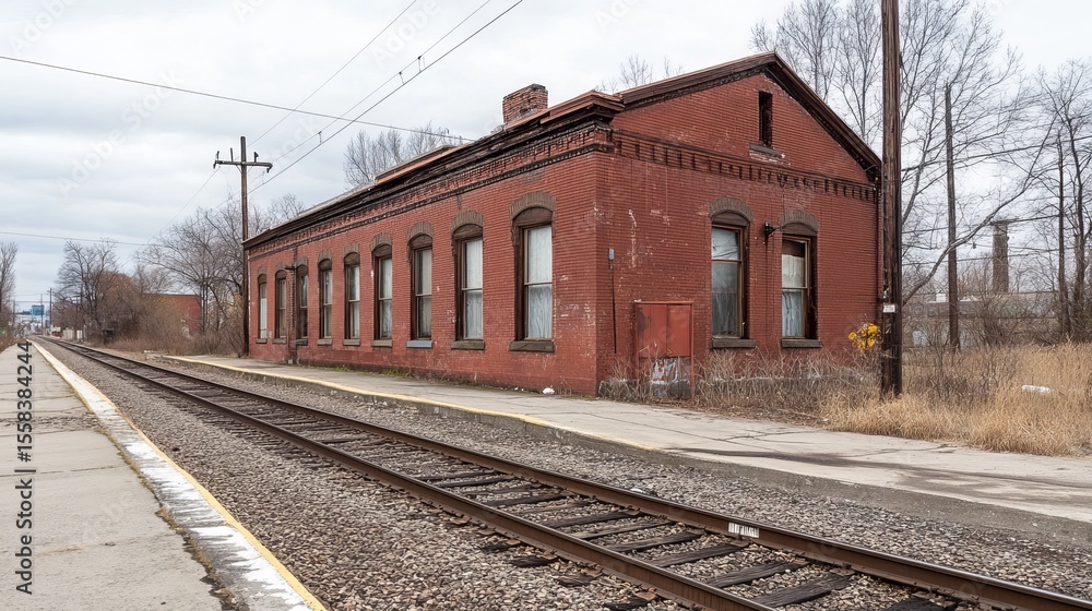 Obraz premium A weathered red brick train station building stands beside railway tracks on an overcast day, showing signs of age and disuse in a somewhat desolate landscape