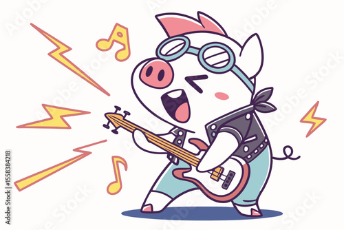 Vector cute Pig cartoon character, playing a guitar, rockstar pose, cool expression, dynamic lines, vibrant stage lights, isolated on white background