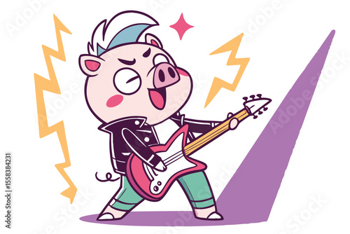 Vector cute Pig cartoon character, playing a guitar, rockstar pose, cool expression, dynamic lines, vibrant stage lights, isolated on white background