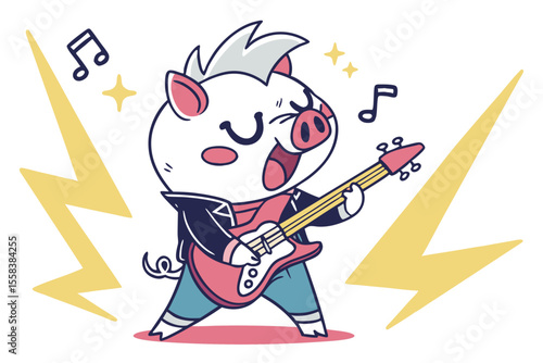 Vector cute Pig cartoon character, playing a guitar, rockstar pose, cool expression, dynamic lines, vibrant stage lights, isolated on white background