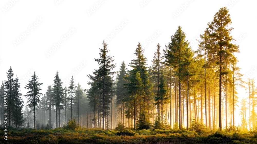 Obraz premium Forest clearing with glowing sunlight and soft focus trees, cut out for easy background removal or isolated on white canvas for design flexibility