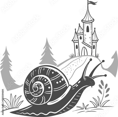 A cartoon snail with a patterned shell illustrates the slow but steady nature of this fascinating creature, whether on a road, a white background, or a fence