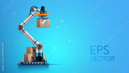 Robot hand or robotic arm sorts the cardboard boxes with products on factory warehouse. Logistics, automation industry concept. Box packages on pallet on storage. Robot palletizer realistic vector.
