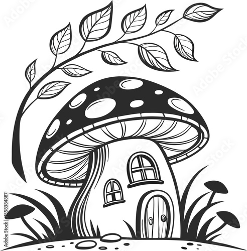 Poisonous toadstool fungi in a whimsical autumn forest illustration