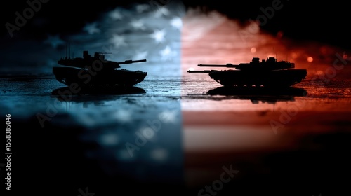 Generic military assets like tanks and jets in profile silhouette over a divided background of the two flags, symbolizing historical military tension