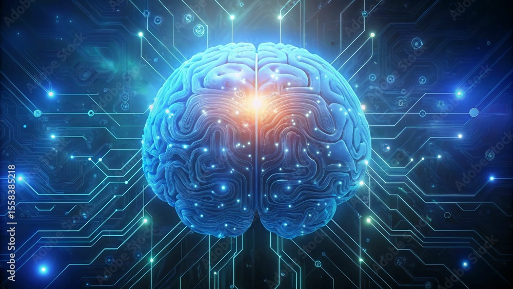 A glowing blue brain is shown with circuit board patterns A glowing blue brain is shown with circuit board patterns