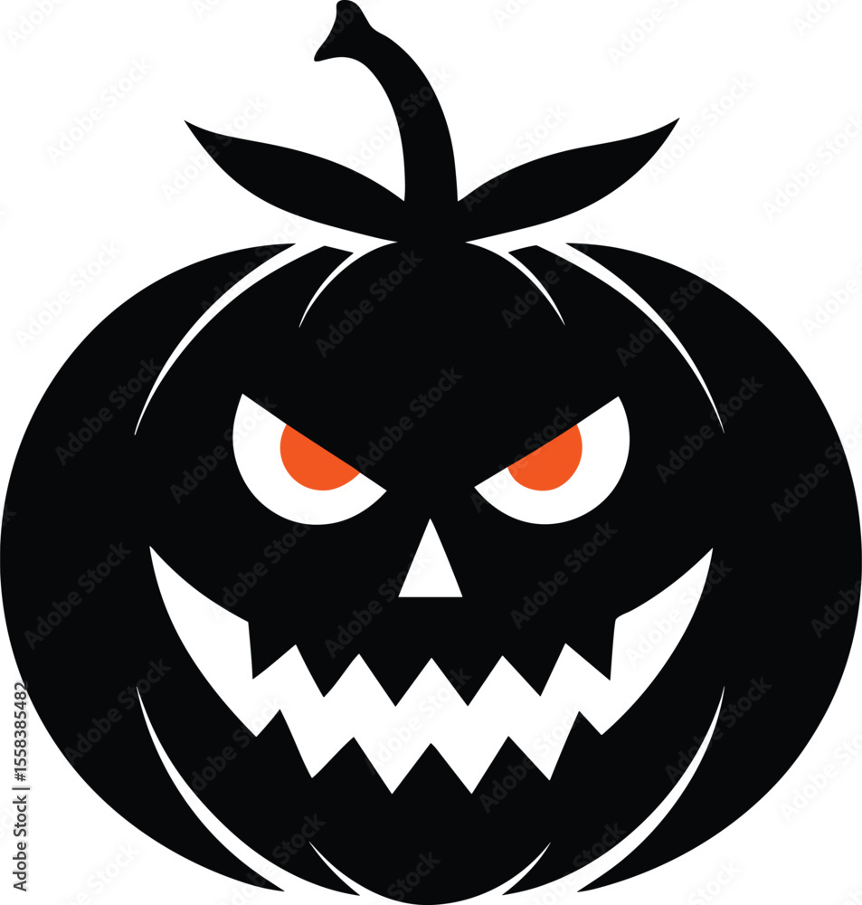 Fototapeta premium Halloween Pumpkin Silhouette with Spooky Face, Scary Jack-o'-Lantern Icon for Halloween Graphics, Vector Black Pumpkin Illustration for Holiday Designs. Spooky Carved Pumpkin Silhouette.