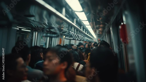 Crowded subway train interior with standing passengers holding handles dim light, busy urban public transportation during rush hour, intense