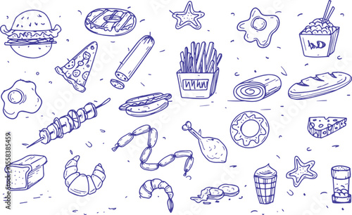 Hand drawn fast food doodle set with burger, pizza, sausage, fries, egg, bread, cheese, donut, kebab, shrimp, and ice cream. Cartoon snack illustration for menu, design, or pattern.
