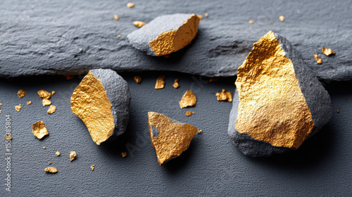 Gold dust and shiny gold ore fragments in macro view display natural mineral texture with metallic luster scattered on dark stone surface