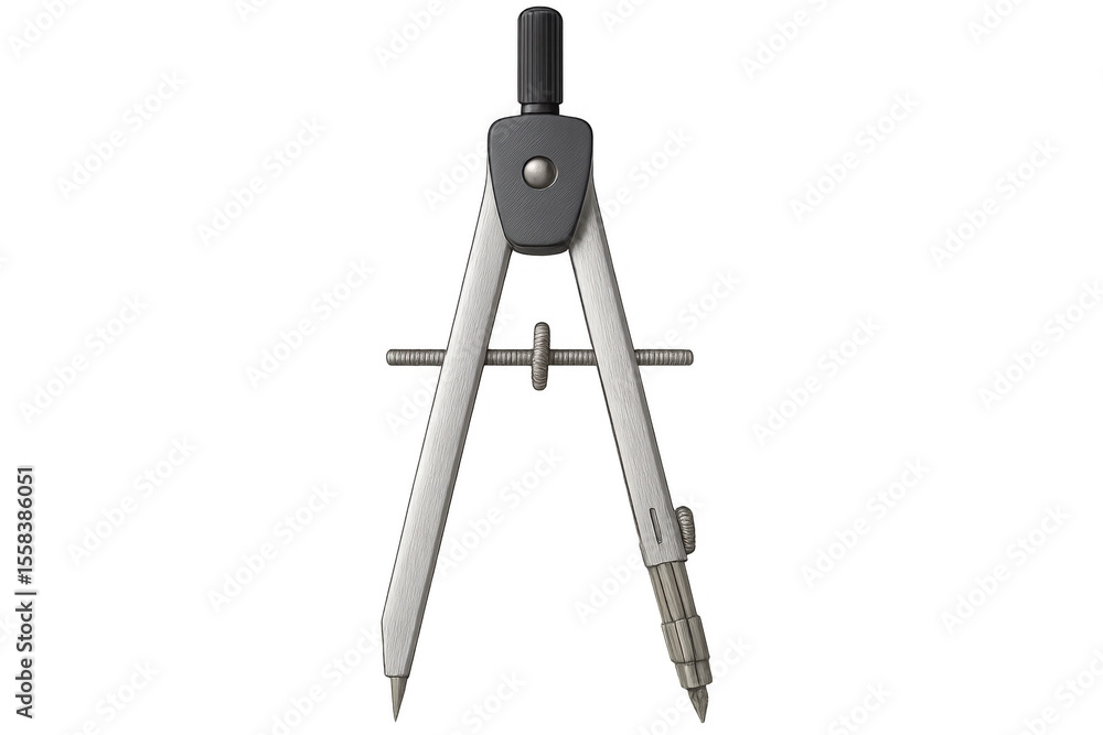 Precision metal compass resting against white backdrop, representing technical drawing tools used by architects, engineers, mapping professionals Precision metal compass resting against white backdrop, representing technical drawing tools used by architects, engineers, mapping professionals