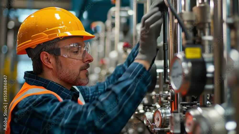 Precision and Diligence in Engineering: An engineer, focused intently, meticulously inspects complex machinery within a modern industrial setting, embodying technical expertise and precision. Precision and Diligence in Engineering: An engineer, focused intently, meticulously inspects complex machinery within a modern industrial setting, embodying technical expertise and precision.