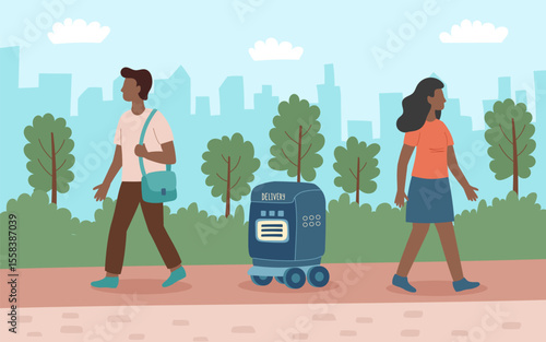 Сoncept of technology and robots delivery. A delivery robot rides along sidewalks with pedestrians. Vector flat background. 5 of 8