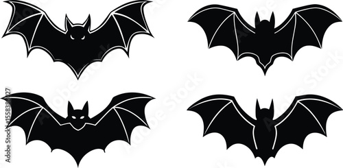 Halloween Bat Silhouettes Set, Flying Vampire Bat Vector Pack, Spooky Night Bat Icons Collection. Flying Bat Illustrations for Seasonal Design Projects.