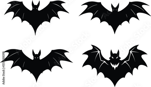 Halloween Bat Silhouettes Set, Flying Vampire Bat Vector Pack, Spooky Night Bat Icons Collection. Flying Bat Illustrations for Seasonal Design Projects.
