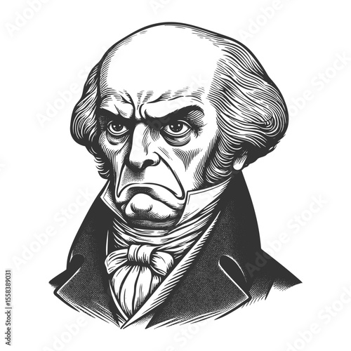man in a suit and bow tie, frowning with a stern, serious facial expression sketch engraving generative ai fictional character vector illustration. Scratch board imitation. Black and white image.