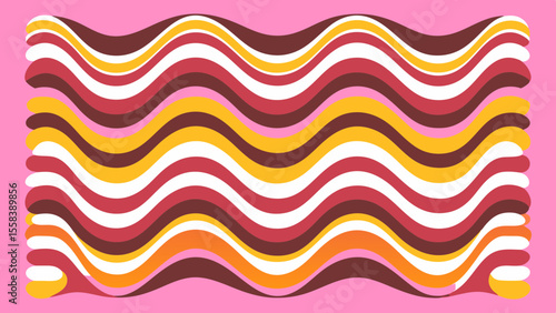 Groovy chaotic wiggling stripes forming optical illusion waves, bright funky palette, retro psychedelic vibes.
