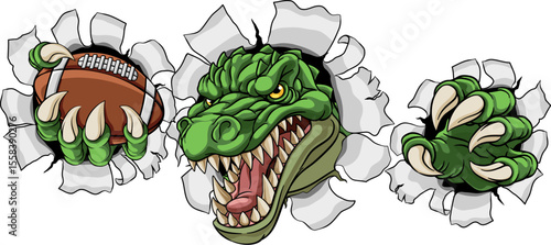 A crocodile, dinosaur or alligator lizard sports mascot holding an American football ball
