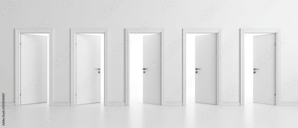 Naklejka premium The multiple open doors symbolizing choices and paths in a modern space.