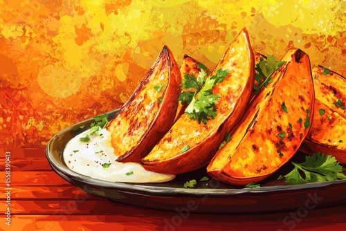 Grilled Sweet Potato Wedges with Fresh Herbs and Creamy Dip on Abstract Colorful Background for Culinary and Food Photography Inspiration