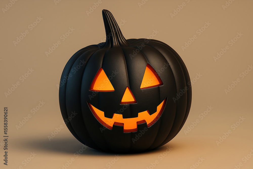 Elegant Black Pumpkin with Glowing Orange Cutout Face on a Neutral Background for Halloween Decoration Elegant Black Pumpkin with Glowing Orange Cutout Face on a Neutral Background for Halloween Decoration
