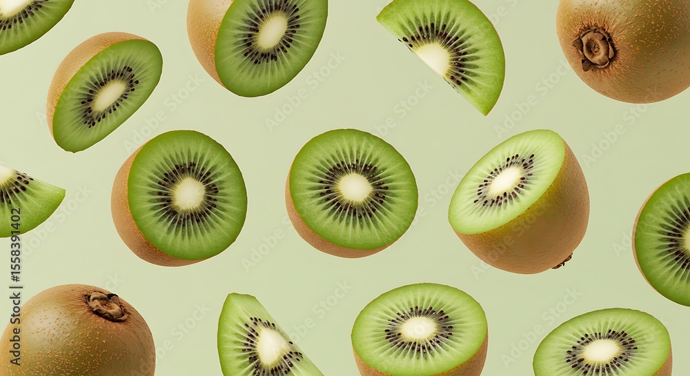 Fototapeta premium Fresh Kiwi Fruit Slices Floating on Pastel Green Background