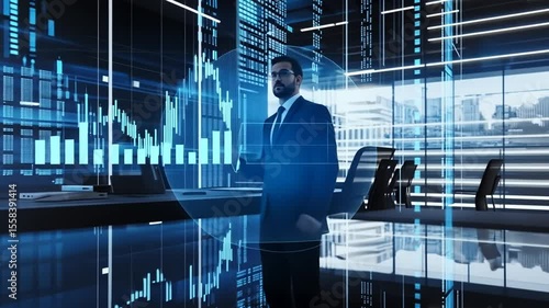 Financial analyst examining stock market trends in a modern office setting, for business