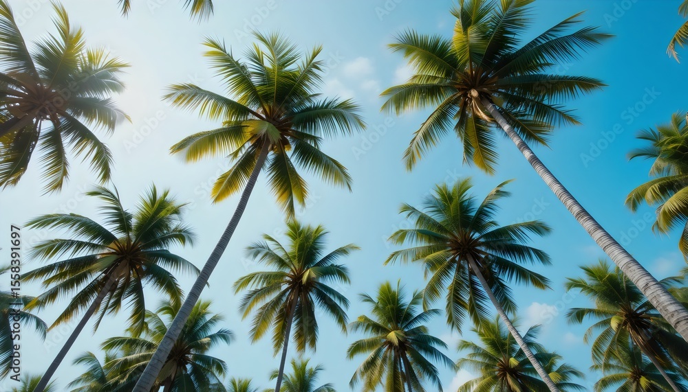 Aerial View of Tall Coconut Tree Canopies Swaying in Tropical Summer Breeze – Island Paradise Vibes, Lush Greenery, and Relaxing Nature Overhead Scene Aerial View of Tall Coconut Tree Canopies Swaying in Tropical Summer Breeze – Island Paradise Vibes, Lush Greenery, and Relaxing Nature Overhead Scene