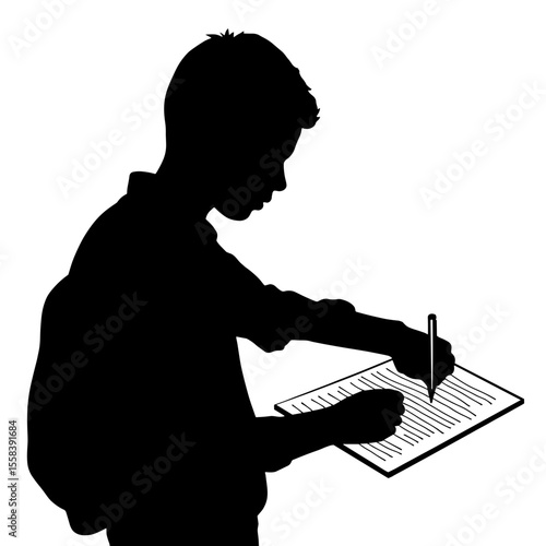 Silhouette of student writing on paper, essay practice and education skills