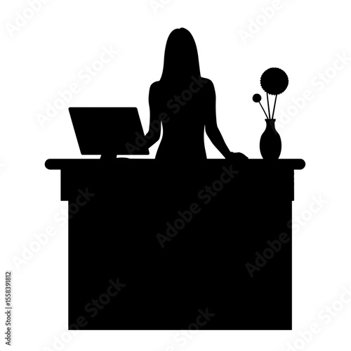 Silhouette of receptionist at front desk with computer, business customer service