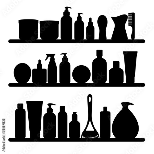 Silhouette of grooming products on shelf – barber's grooming essentials, copyspace