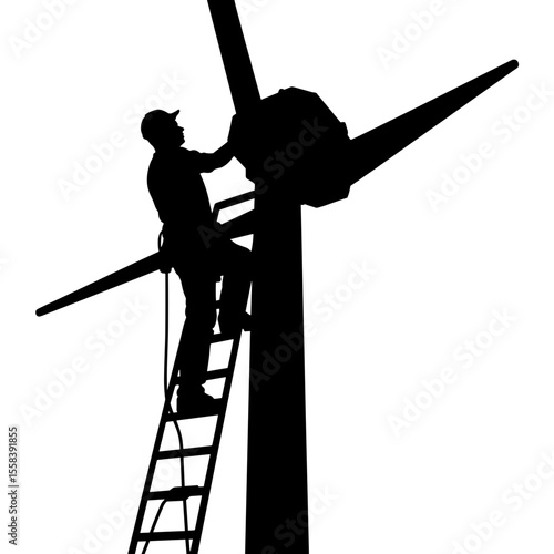 Silhouette of wind turbine technician climbing ladder, structural safety maintenance