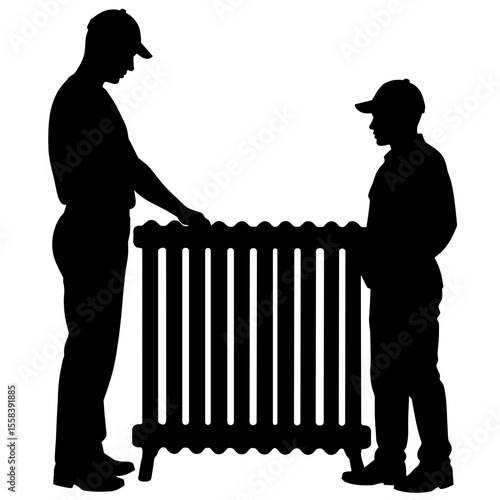 Silhouette of technician with radiator, winter heating maintenance