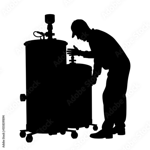 Silhouette of technician adjusting heat exchanger, industrial safety maintenance