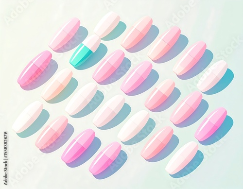 Pastel pills arranged in a grid