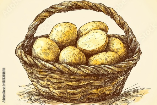 Hand-drawn illustration of a rustic basket filled with fresh, raw potatoes showcasing organic farming and home cooking inspirations with natural textures and earthy colors