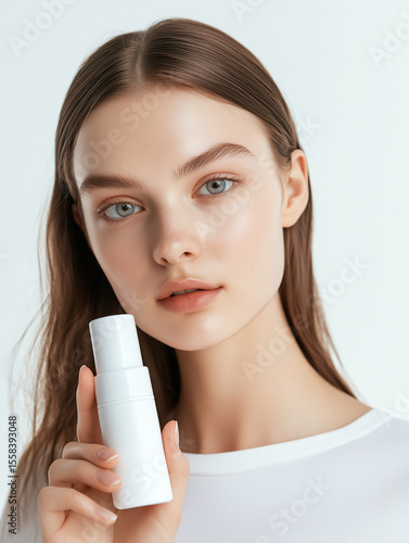 young woman model holding skincare bottle 